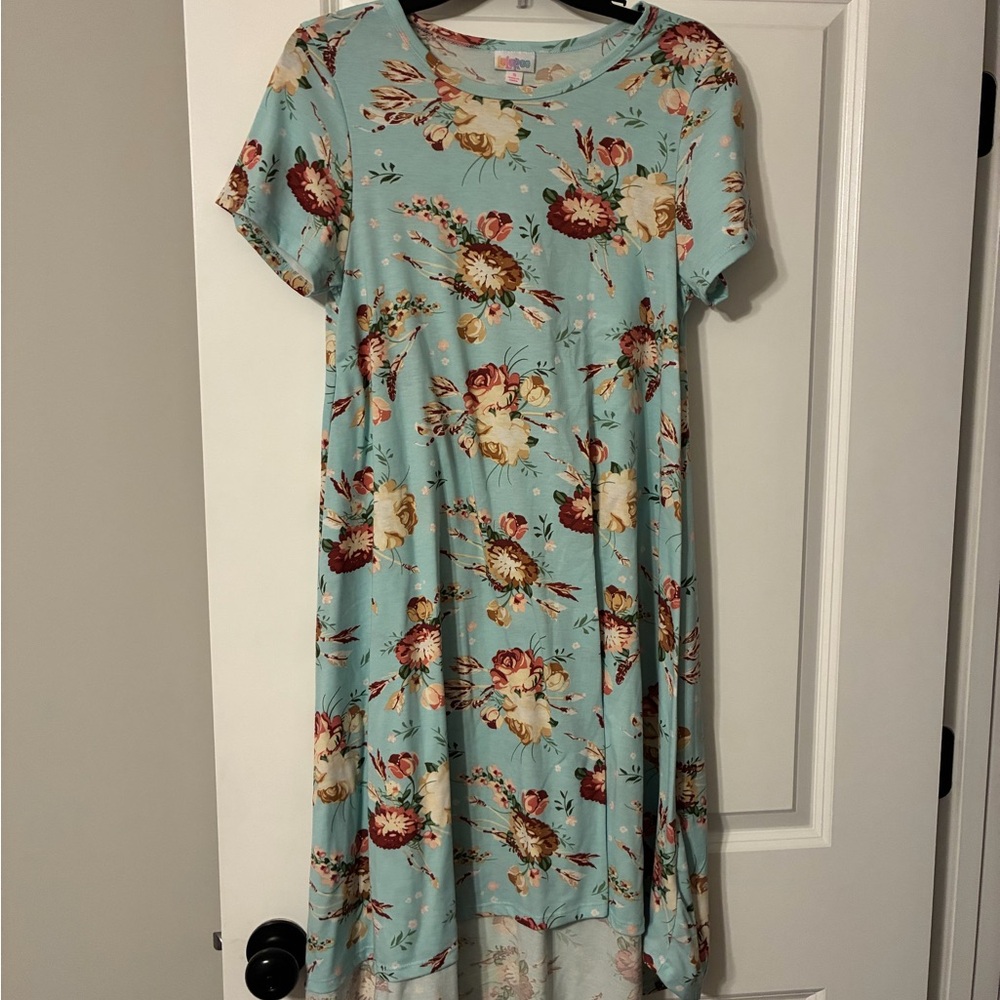 Lularoe Carly Floral Scoop-Neck Short Sleeve Dress in Light Blue